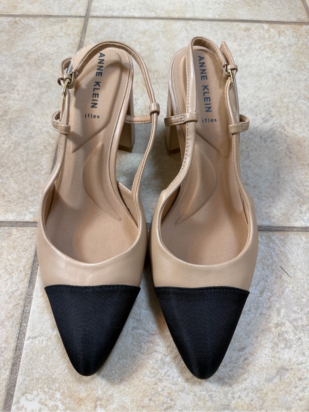Anne Klein Nude and Black Pointed Slingback Heels